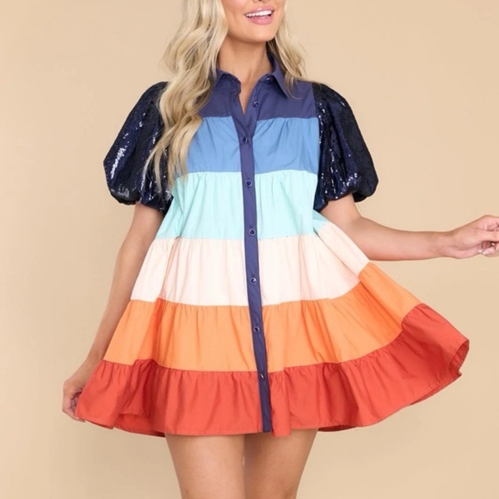 QUEEN OF SPARKLES Multi Tiered Sequin Sleeve Striped Dress- Navy